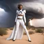 Placeholder: [high res photo by James Van Der Zee] a 60 years old version of Storm in the desert, the Marvel X-men super heroine in her iconic white X-men outfit with the X on her belt standing, focus on her powers: a tornado starts