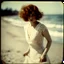 Placeholder: Clara bow on the beach, in the wind, white lace dress, autochrome