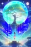 Placeholder: Girl tree. Standing on a ground of ornate glass and patterned glass trees. And a sky colored with stars and planets. And a star portal in the sky, inside which is a world with futuristic buildings and waterfalls.