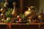 Placeholder: Peder Monk Monsted style, still life, copper jug, candle holder, grapes, apple,