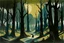 Placeholder: Black warped woodlands with dead trees and shadow monsters painted by Lyonel Charles Feininger