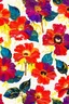 Placeholder: SEAMLESS Pattern masterfully detailed, vibrant red, blue, yellow, purple and teal big flowers green leaves and golden lines created with spatulated oil painting techniques, featuring thick, impasto strokes, grunge scratches, and deposit of saturated oil pigments along the with white background