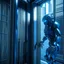 Placeholder: ninja robot cleaning windows on outside elevator, 8k, down-light, soft light, depth of field, photo realism, trending on art station, high detail