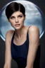 Placeholder: 3D Bubbles, 3D Hearts, fog, clouds, somber, ghostly mountain peaks, a flowing river of electric water, fireflies, a close-up, facial portrait of a totally gorgeous Alexandra Daddario with short, buzz-cut, pixie-cut Black hair tapered on the sides, wide open, cobalt blue eyes, smiling a big bright happy smile, wearing a hoodie over a red bikini, in the art style of Boris Vallejo, THE PROM