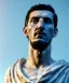 Placeholder: Ultra Realistic image, roman sculpture, white marble deluxe material, Angel di maria soccer player, Greece Laurel crown, miguel angel style, chisel style, emperador, waist up portrait, cinematic lighting, God light, god rays, 4k resolution, smooth details, ornate details, soft lighting, unreal engine 5, sky background.