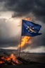 Placeholder: European flag, under stormy skies, a fire burns in the distance;