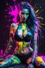 Placeholder: Woman cyberpunk many neon tattoos on his body, fullbody, lying pose, paint splashes and streaks and blotches industrial,