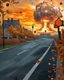 Placeholder: town street with a nuclear explosion in the distance, autumn colors, leaves falling on street, leaves falling in foreground, light source is the nuclear explosion, yellow orange brown pallet, very low vantage point, digital painting