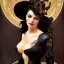 Placeholder: painted portrait of evil witch in black leather, angry, strong, volouptous, chesty, cleavage, intricate, elegant, highly detailed, digital painting, artstation, concept art, smooth, sharp focus, illustration, art by gaston bussiere and alphonse mucha