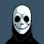 Placeholder: 16 bit pixelart of a shadow figure with a white smooth wide smiling mask, no nose, no nose holes, no nostrils