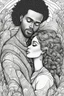 Placeholder: Coloring book page, black and white, Black couple in love, high detail, thick lines