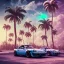 Placeholder: 1980's aesthetic vaporwave palm trees and spheres and Porsche with lightning