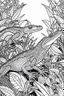 Placeholder: Outline art, lizards in the garden, cartoon style, black and white, low detail, --ar 9:11