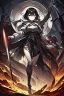 Placeholder: Anime girl with short black hair and sharp green eyes holding a sinister spear, full body black and white metal plate armour, full body shot, Dark lighting,1woman, soaked in blood,Warrior