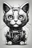 Placeholder: charmie cat, black and white, smile, robotics parts, lineal draw, sketch style, tecnological background.