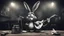 Placeholder: photorealistic deppressed dark melancholic sad Bugs bunny with blackeye deppressed doing music rock and roll dark heavy metal on a scene alcoholic, ciggaretes sad sad sad ciggarets