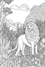 Placeholder: Outline art, no shading, lion and dog full body in the garden, cartoon style, black and white, low detail, --ar 9:11