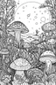 Placeholder: STRESS RELIEF themed coloring page for adult, cartoon style, thick outline, low details, no shading, no color, A delicate pattern of softly glowing mushrooms in a moonlit meadow