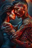 Placeholder: Multiple entanglements between a twisted thin piece of cloth as part of many twisted and spiraling branches disappearing into the distant mist, epic photo, 2 beautiful lovers are embracing, stunning tattoos that intwine with eachothers tattoos,sharp on highly detailed skin with wrinkles and high contrast, photorealistic, 4K, 3D, realism, hyperrealism, detail, good lighting, detailed texture, modern photography style, 3D, 4D, 4K