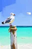 Placeholder: Loose palette knife abstract a seagull perched on the top of an old, white wooden pole with rope wrapped around it and overlooking bright turquoise waters in front of Bonaire's beautiful coastline. It is a sunny day with clear skies and oil paint. light pastels. painterly brushstrokes.