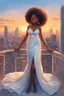 Placeholder: The scene opens onto a serene balcony overlooking a bustling city skyline. The sky above is painted in soft hues of blue and orange as the sun begins its descent, casting a warm glow over everything it touches. In the foreground stands a captivating figure, airbrush chibi cartoon curvy black woman exuding confidence and elegance. She is adorned in a flowing white knit maxi dress that hugs her curves in all the right places, accentuating her silhouette. Her choice of footwear is equally stunning