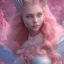 Placeholder: in front of a pink castle, a cheerful fairy, big smile, pink, blonde hair, beautiful, whole face, whole top hair head, wide open blue eyes, transparent wings onn the back, hyperrealism, masterpiece, expert, cinematic lighting, sharp focus, 8K, pastel, macro lens, woman, detailed, flower