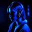 Placeholder: Woman, headphones, neon light dark blue, mask