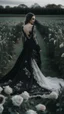 Placeholder: black lace scarf and dirty wedding dress in a field of white roses.cinematic picture