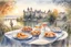 Placeholder: Brunch breakfast on an elegant table in the garden in the background, Castle on the Loire, lake, reflection, sunrise, Misty morning smooth intricate high definition beautiful lighting pencil sketch, marker pen strokes, watercolor polished warm light