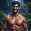 Placeholder: Hyper Realistic handsome shirtless muscular short black hair indian man with wet chest smiling & standing in a dark mystical jungle at rainy night with glowing crystals