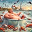 Placeholder: Donald Trump as a Fat man in a claw foot bathtub sinking in the ocean. Water lapping at the top of the tube. Panic on his face. Scared, screaming for help. Surrounded by seagulls, lobsters and crabs. there is a colorful light house in the background.