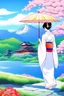 Placeholder: serene and captivating scene of a graceful Japanese woman dressed in an exquisitely designed white kimono adorned with colorful flower patterns. She gently carries a traditional Japanese umbrella as she walks towards a majestic temple. The background showcases a breathtaking panorama of the viewer's landscape, with the temple appearing in the distance. Surrounding the temple, lush green plants and blooming flowers add a touch of vibrant color amidst the pastel yellow and orange hues of the sunri