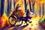 Placeholder: Cute little happy cat scarecrow riding a trike, forest path background, autumn, leaves swirling, waterfall, reflection, mist, sunrise, smooth intricate photorealistic hyperrealistic high definition beautiful lighting pencil sketch watercolor dramatic lighting storybook illustration polished Deep shadows deep color warm light