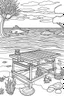 Placeholder: Outline art for coloring page, PICNIC TABLE WITH NETS ON THE TABLE AND FISH ON THE TABLE ON A HAWAII BEACH, coloring page, white background, Sketch style, only use outline, clean line art, white background, no shadows, no shading, no color, clear