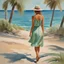 Placeholder: full body"portrait in close up of pretty woman,blue eyes, brown hair,, pastel green short dress, walking by beach , in Gouache Style, Watercolor, Museum Epic Impressionist Maximalist Masterpiece, Thick Brush Strokes, Impasto Gouache, thick layers of gouache watercolors textured on Canvas, 8k Resolution, Matte Painting by Alessandra Genualdo art