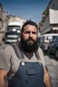 Placeholder: close up photography of an ugly 36 year old chubby robust burly turkish plumber, wearing his work unbuttoned bulging overalls, bulge, shirtless, leaning with his back to his van, arms folded and emotive look, ajar mouth, hairy chest, , very virile, short black beard, shaved hair, sweat, , in a sunny street, photorealistic , frontal view from the ground