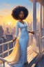 Placeholder: The scene opens onto a serene balcony overlooking a bustling city skyline. The sky above is painted in soft hues of blue and yellow as the sun begins its descent, casting a warm glow over everything it touches. In the foreground stands a captivating figure, airbrush chibi cartoon curvy black woman exuding confidence and elegance. She is adorned in a flowing white knit maxi dress that hugs her curves in all the right places, accentuating her silhouette. Her choice of footwear is equally stunning