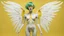 Placeholder: A surreal humanoid figure with white skin, green hair styled into a tall point, wearing glasses, with a transparent torso revealing internal organs, white wings on the back, holding a yellow figure in the lower torso, against a yellow background with a red curved line