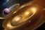 Placeholder: A universe swirling in a beautiful gold rimmed porcelain coffee cup, with planets, stars, steam, masterpiece, in sunshine