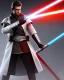 Placeholder: jedi, beau, tunique et armure de combat blanche, sabre laser, rouge, yeux rouge,