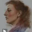 Placeholder: dibujo en grafito realista de rostro mujer 35 años nariz prominente aguileña gordita pelo rojo suelto ojos cerrados de perfil plano picado rasgos definidos boca abierta sufrimiento