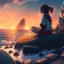 Placeholder: A girl is sitting on the edge of the rocks by the seashore and is meditating. The sun is setting, digital art, anime, 4k, full details