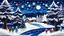 Placeholder: paper quilling art On a background shading from dark blue at the top to white at the bottom, a Christmas scene with a starlit sky and snow laden trees and children playing in the snow, while in the foreground the elves are hiding presents behind some low bushes.