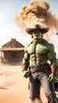 Placeholder: Hulk, cowboy, bandana over mouth, western, desert, with western village and saloon, sandstorm, old gun, bright sky, with blurry background, high quality, 8k