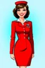 Placeholder: pin-up style realistic cartoon of 50 year old brunette stewardess in red uniform dress, smiling invitingly with very red lips and long eyelashes