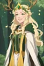 Placeholder: Young woman with blonde hair, vivid green eyes, antlers, deer ears, crown of flowers, yellow and gold breastplate, cream-colored cloak, smiling, forest background, RWBY animation style
