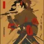 Placeholder: human Samurai Japanese Ukiyo-e, sun in the background, walking in the mountains