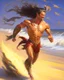 Placeholder: Oil painting of the dragónman corriendo en una playa 8x cuerpo completo cara humana con antifaz arte digital detallado cuerpo completo traje y botas cuerpo completo traje y botas