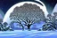 Placeholder: graphic drawing winter fantastical landscape, silver moon, round tree crowns, ice flowers, cold colors, a flat image with careful drawing and tracing of every detail, black background, cosmic bright color, folk art, Epic cinematic brilliant stunning intricate meticulously detailed dramatic atmospheric maximalist digital matte painting, perfect composition, masterpiece