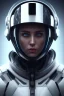 Placeholder: Black intergalactic pilot Quorra, portrait, bright white eyes, wearing high tech pilot helmet, beautiful face, white smoke, dark, rage, sorrow, high definition, ultra 8 k, volumetric lighting, blue fire, fog